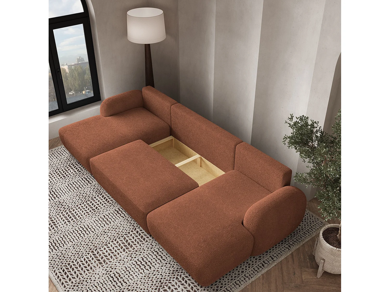 Canapé d'angle SAVONA Terracotta en bouclé avec fonction de couchage