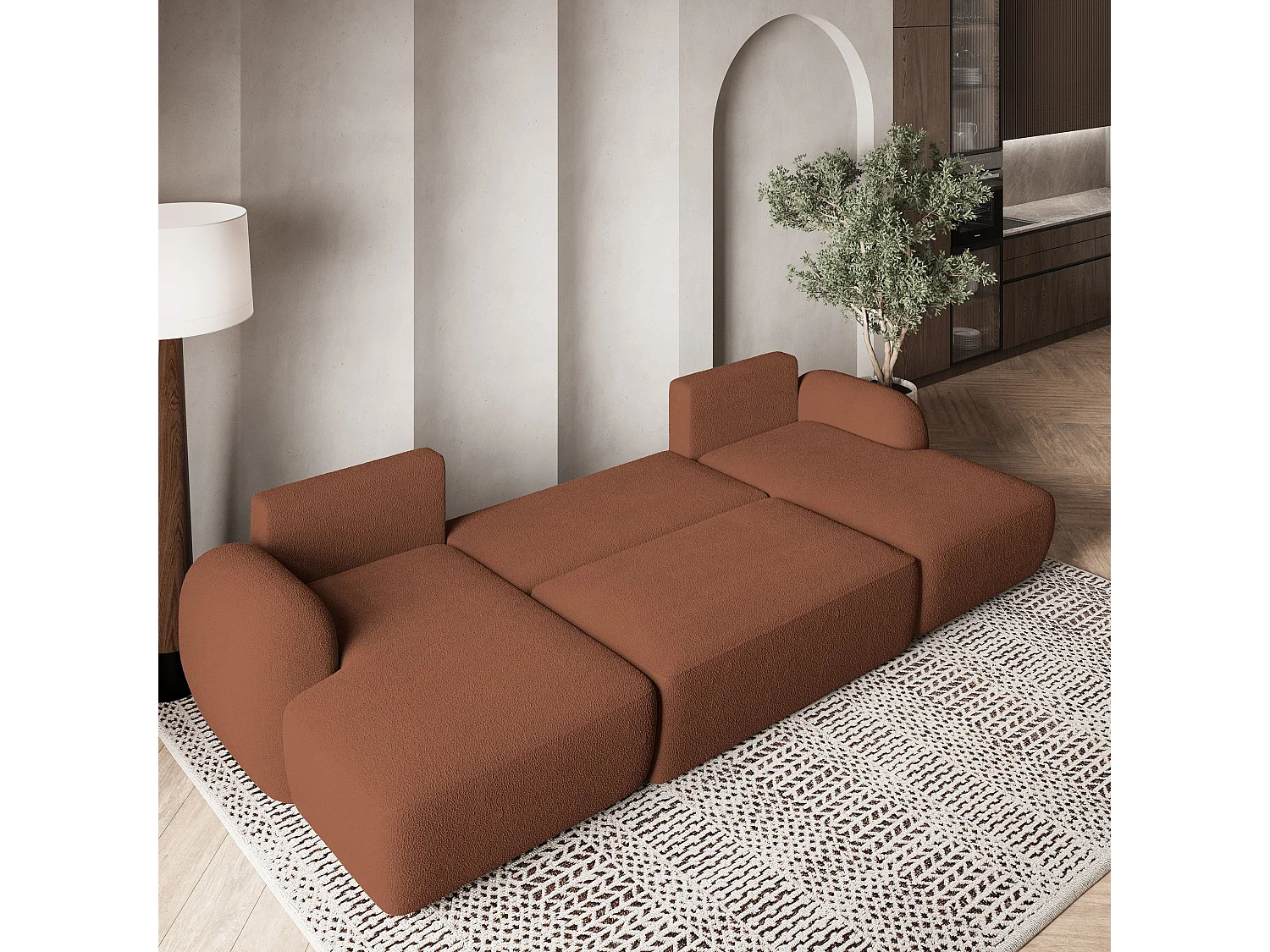 Canapé d'angle SAVONA Terracotta en bouclé avec fonction de couchage