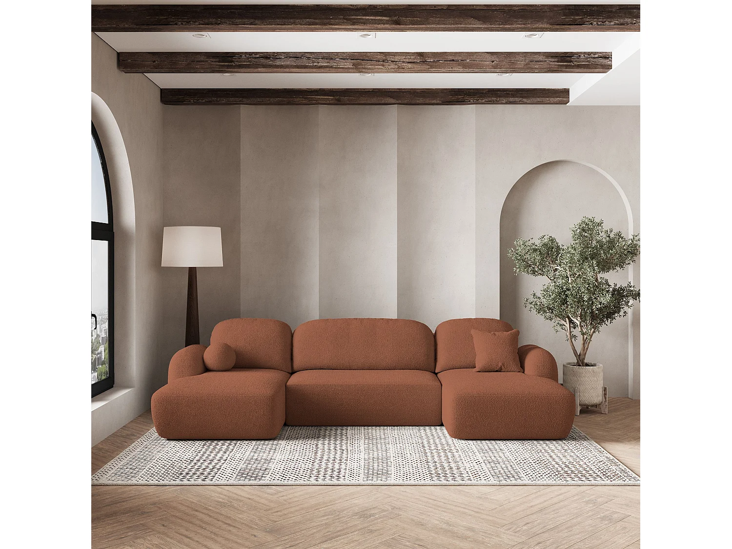 Canapé d'angle SAVONA Terracotta en bouclé avec fonction de couchage
