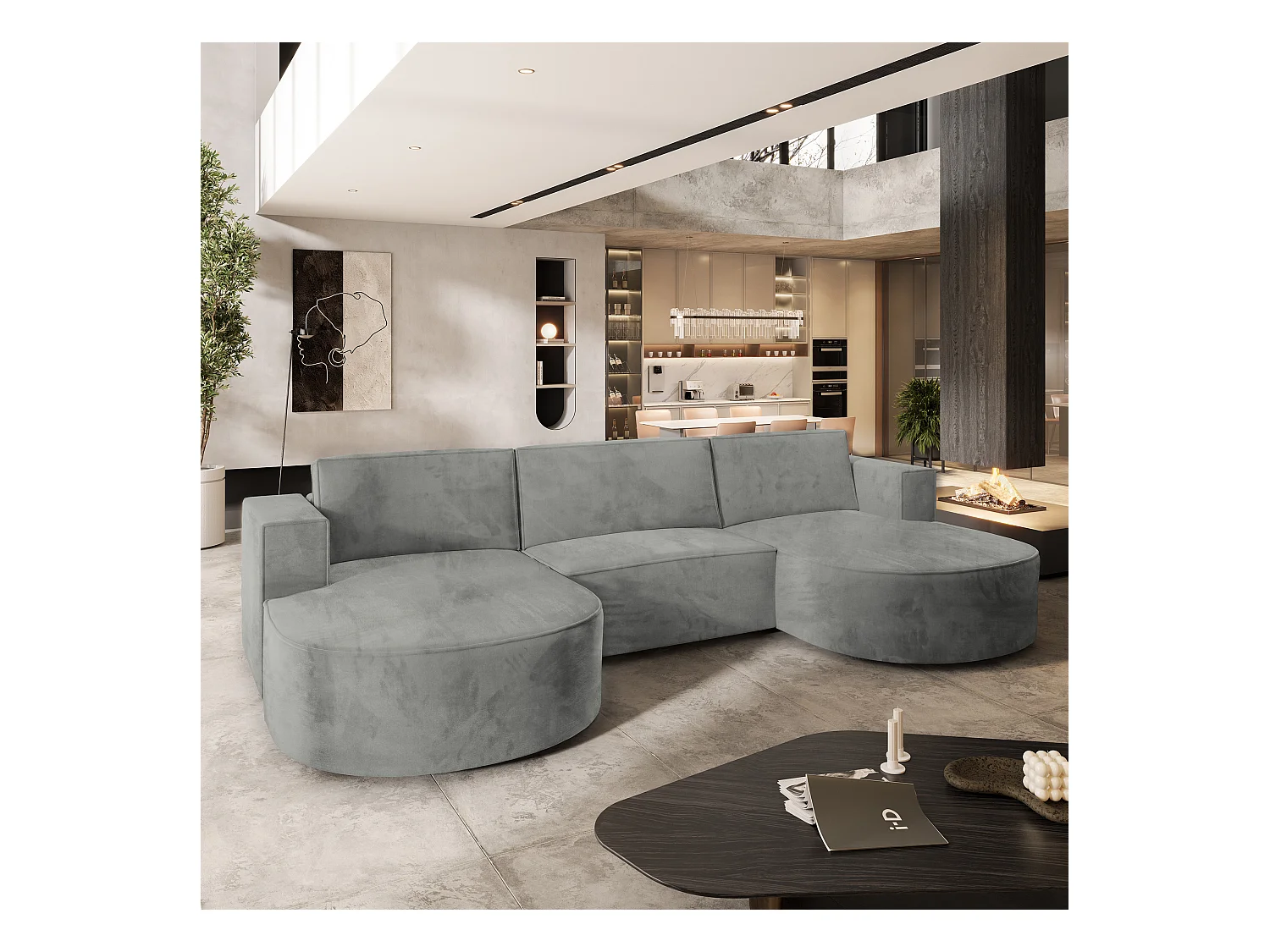 Canapé d'angle VEZZO Gris clair en velours avec fonction de couchage