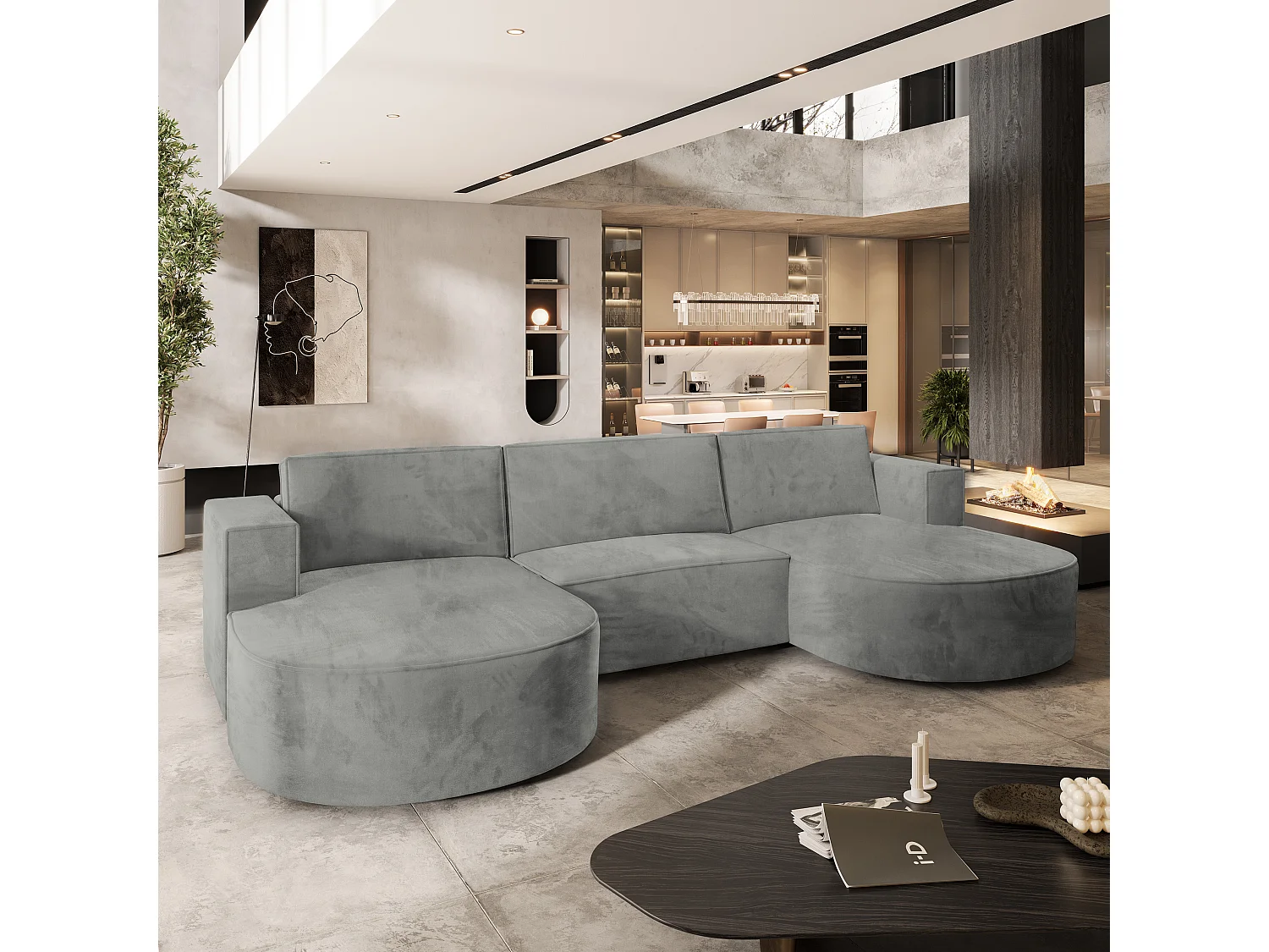 Canapé d'angle VEZZO Gris clair en velours avec fonction de couchage