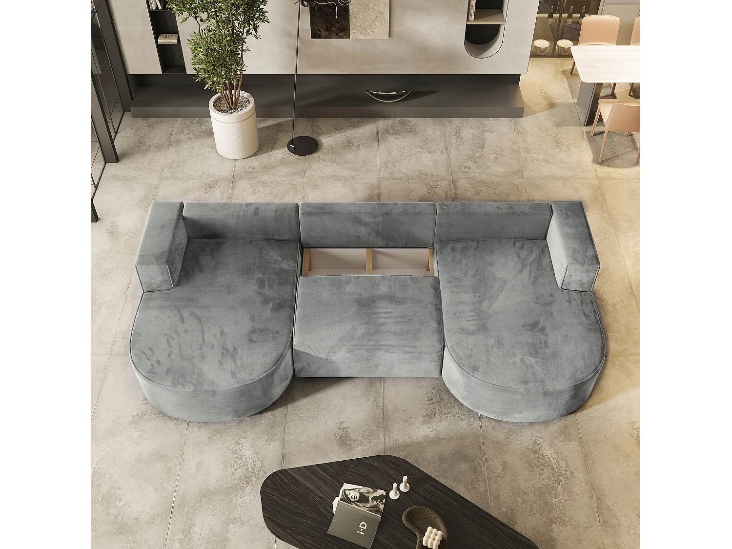 Canapé d'angle VEZZO Gris clair en velours avec fonction de couchage