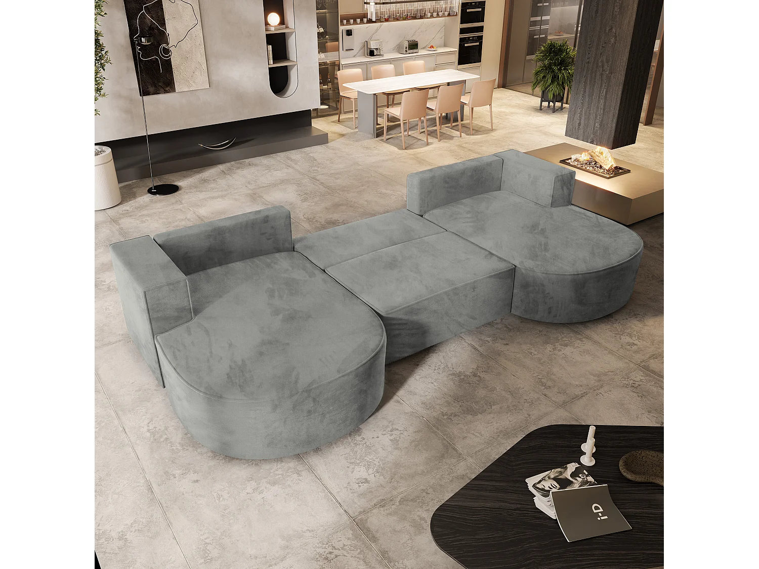 Canapé d'angle VEZZO Gris clair en velours avec fonction de couchage