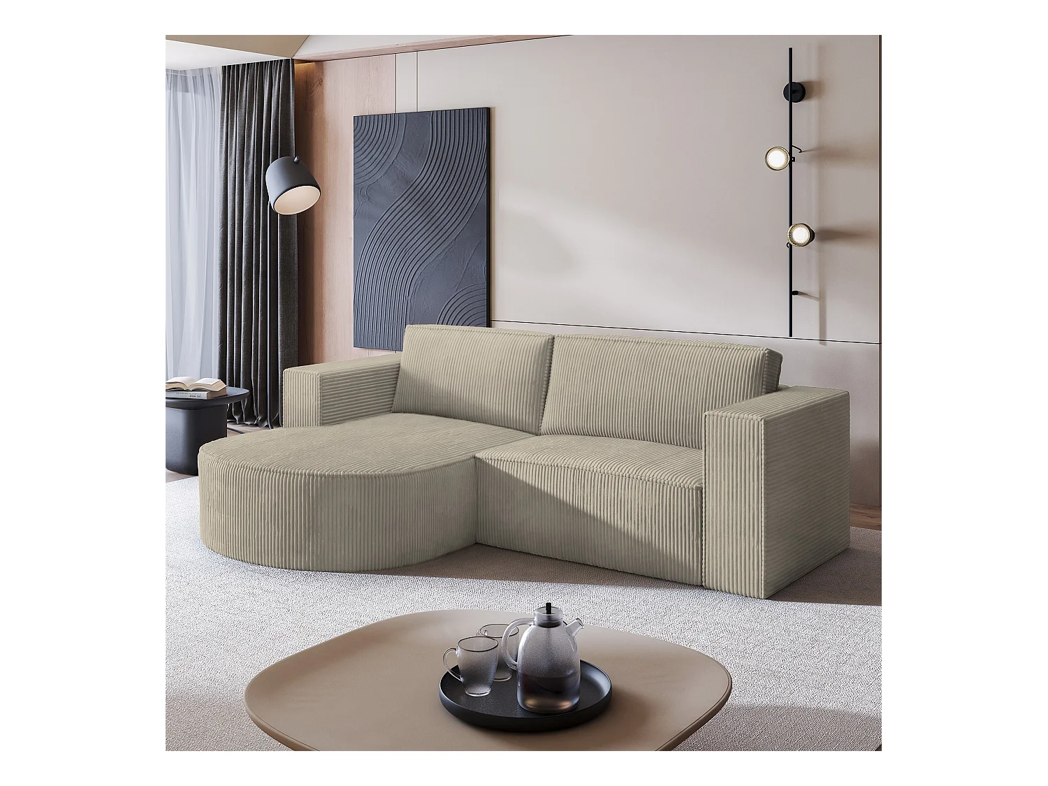 Canapé d'angle SORELA Beige en velours côtelé avec fonction de couchage
