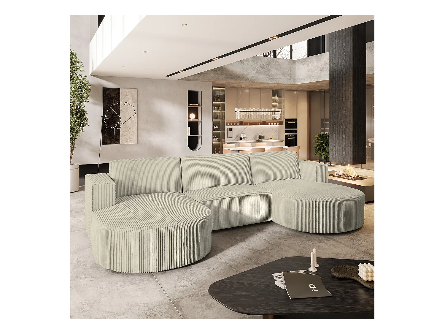 Canapé d'angle VEZZO Crème en velours côtelé avec fonction de couchage