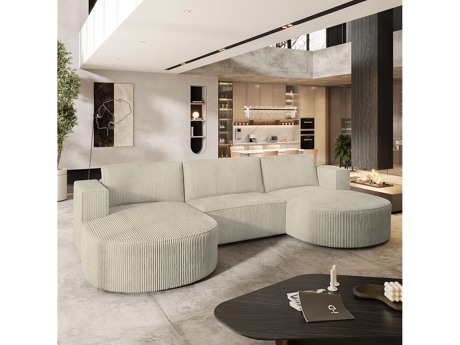 Canapé d'angle VEZZO Crème en velours côtelé avec fonction de couchage