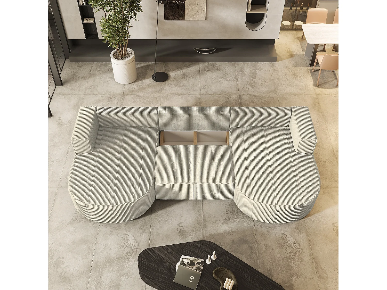 Canapé d'angle VEZZO Crème en velours côtelé avec fonction de couchage