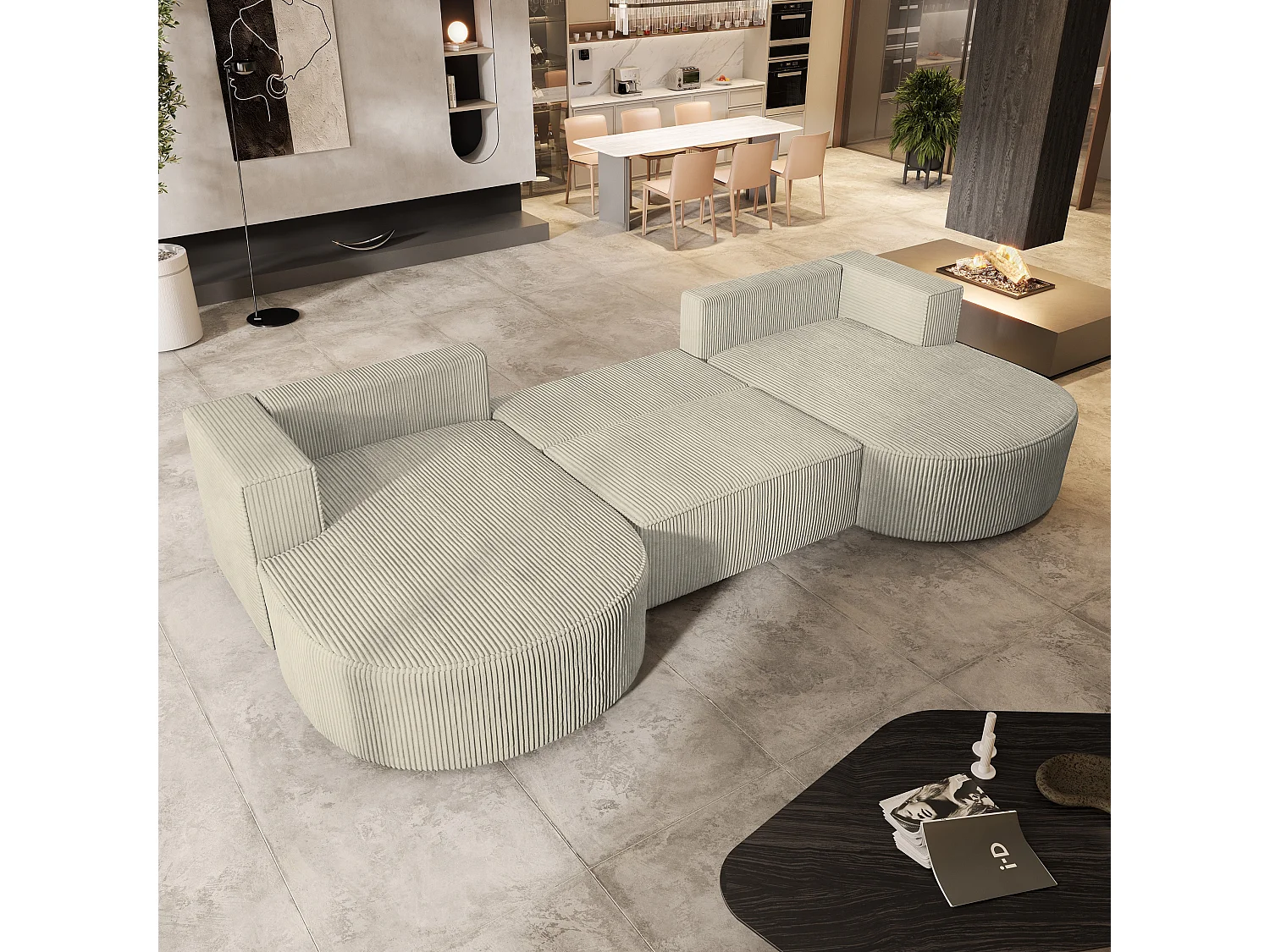 Canapé d'angle VEZZO Crème en velours côtelé avec fonction de couchage