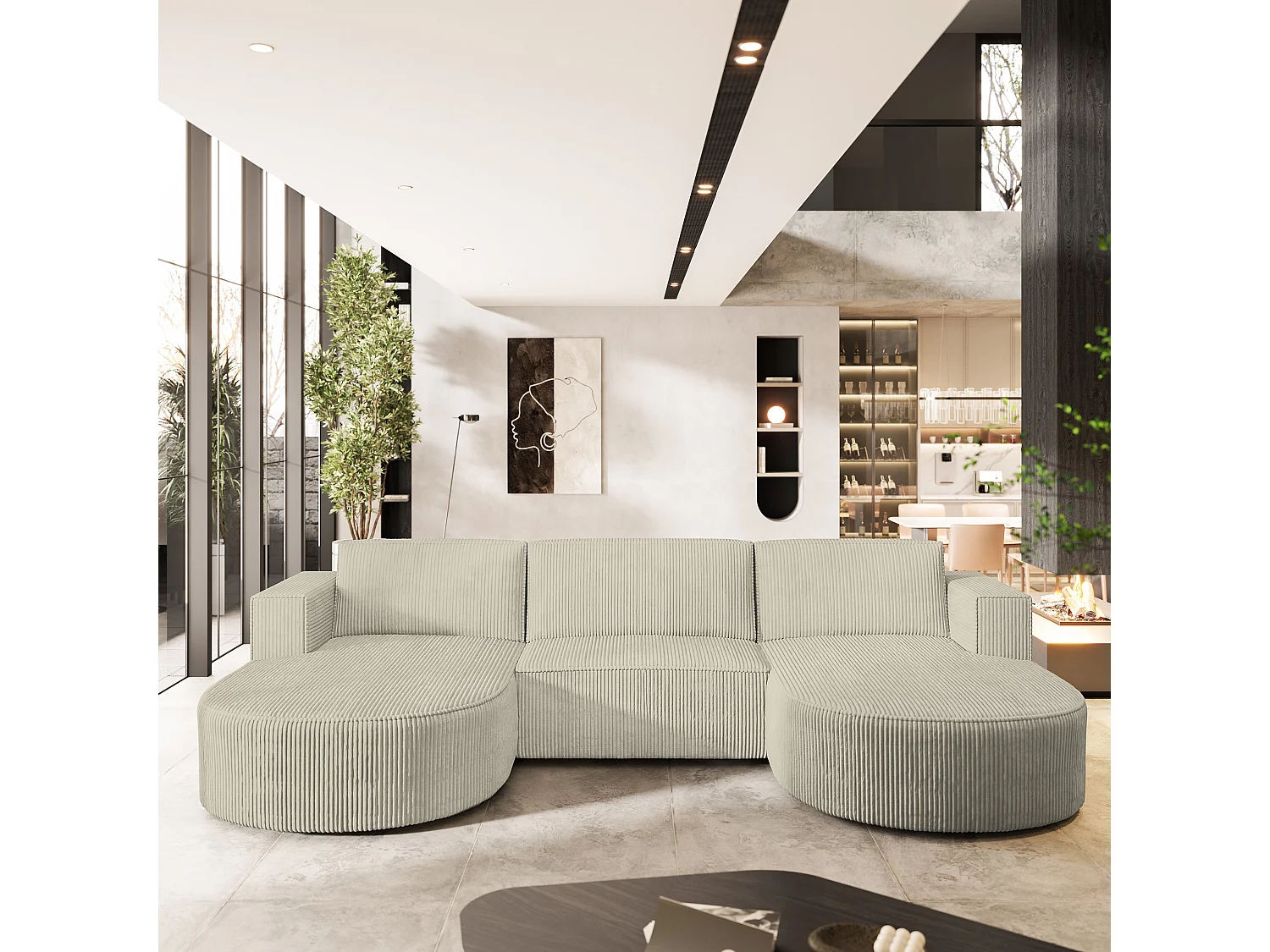 Canapé d'angle VEZZO Crème en velours côtelé avec fonction de couchage