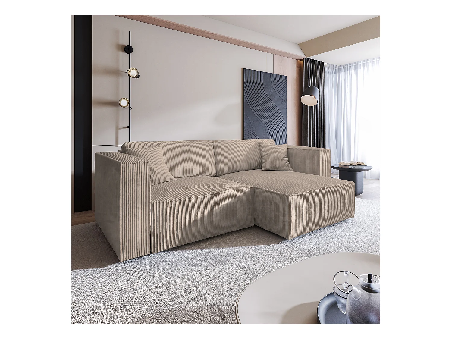 Canapé d'angle NERIO Beige en velours côtelé avec fonction de couchage