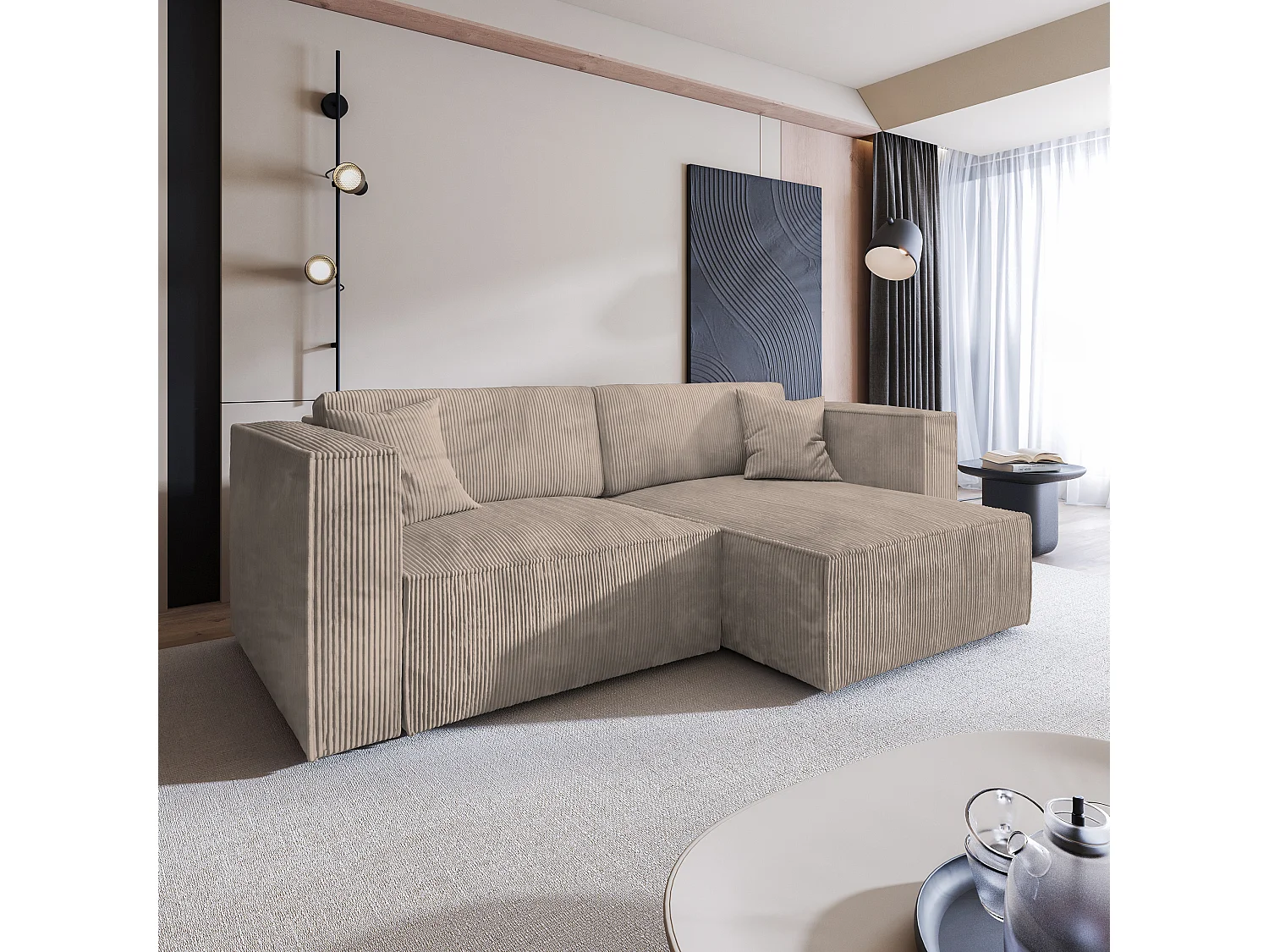 Canapé d'angle NERIO Beige en velours côtelé avec fonction de couchage