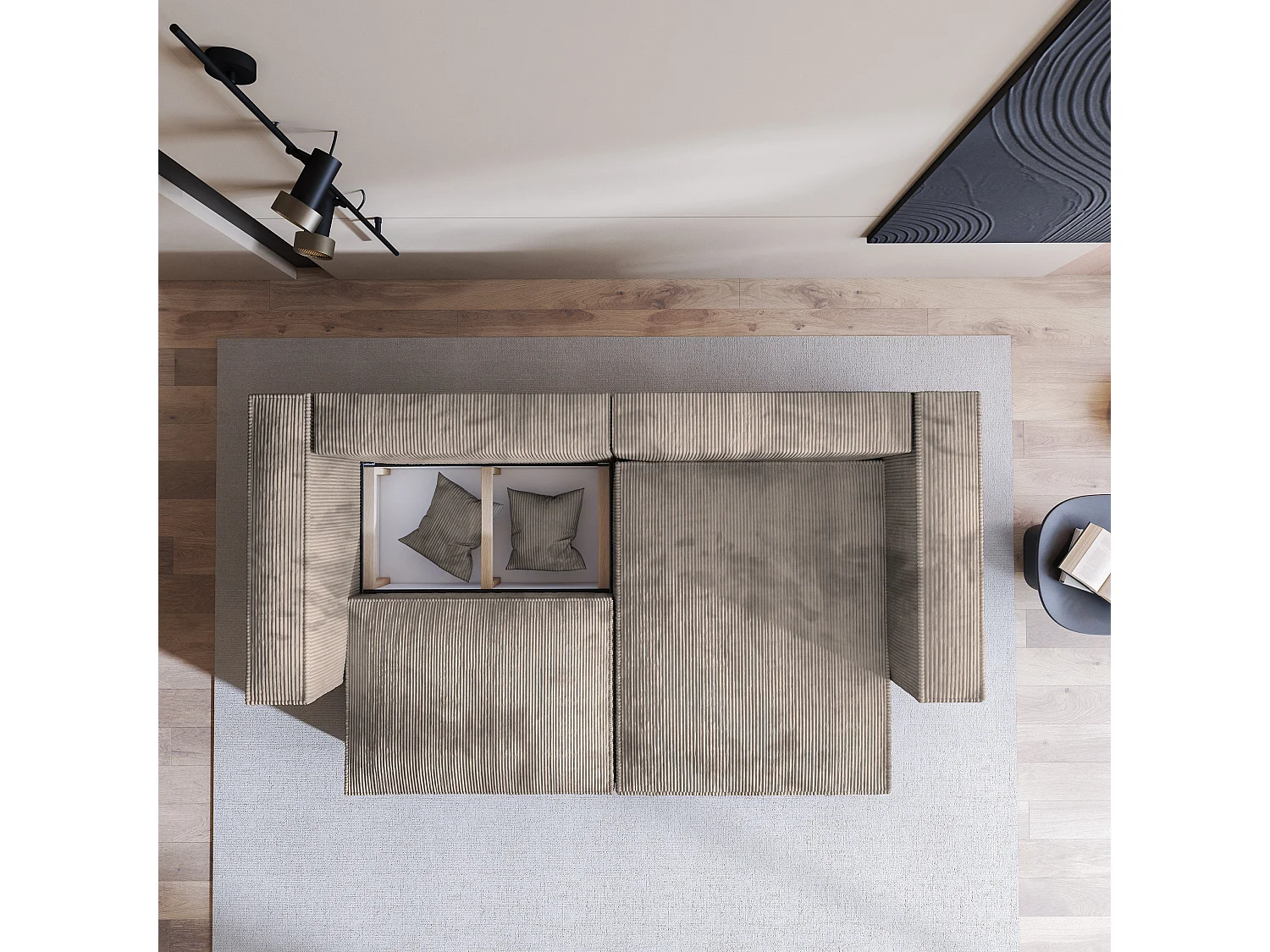 Canapé d'angle NERIO Beige en velours côtelé avec fonction de couchage