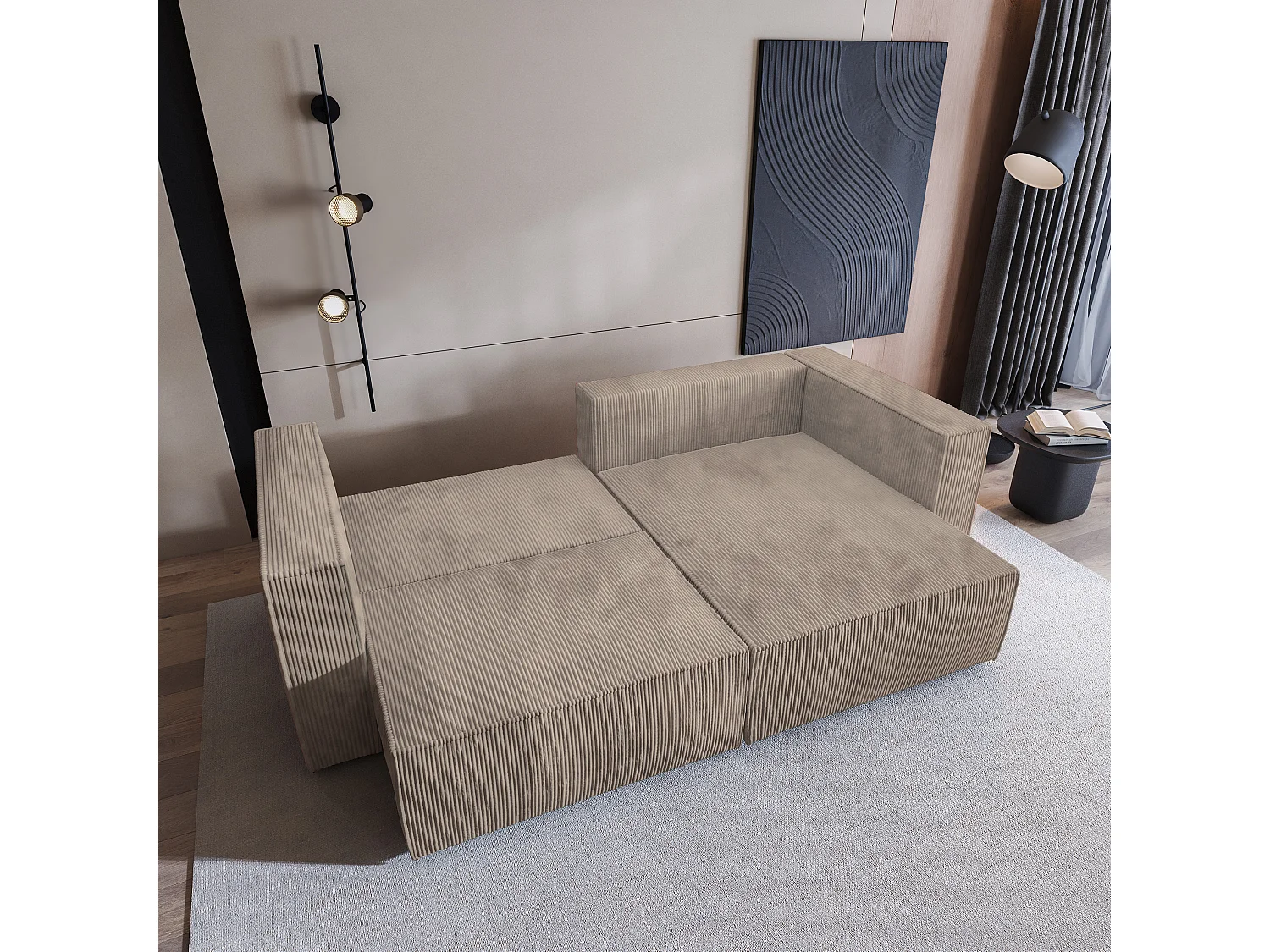 Canapé d'angle NERIO Beige en velours côtelé avec fonction de couchage