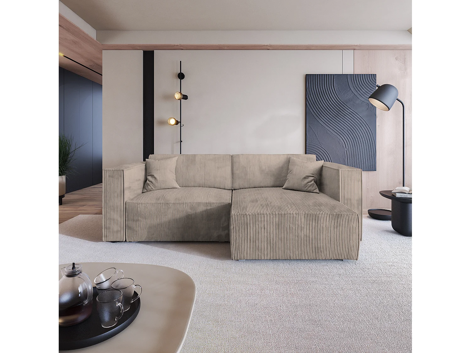 Canapé d'angle NERIO Beige en velours côtelé avec fonction de couchage