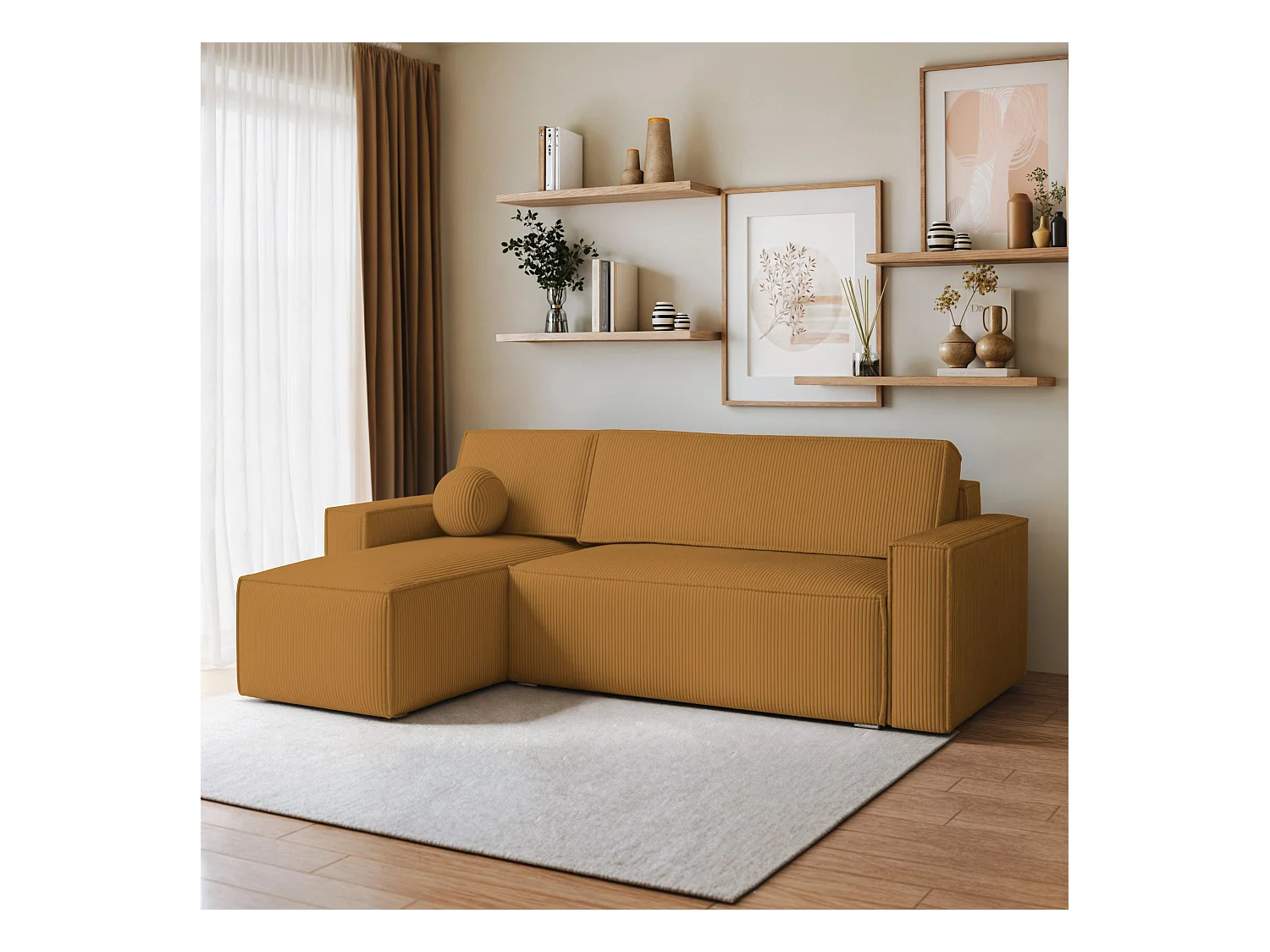 Canapé d'angle RAVELO Jaune en velours côtelé avec fonction de couchage