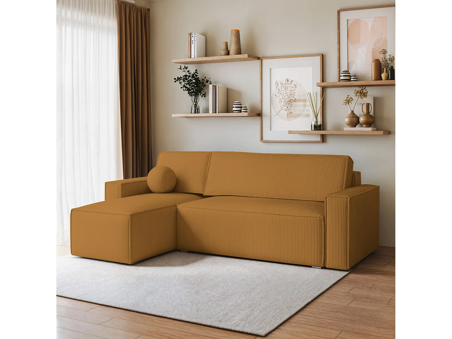 Canapé d'angle RAVELO Jaune en velours côtelé avec fonction de couchage