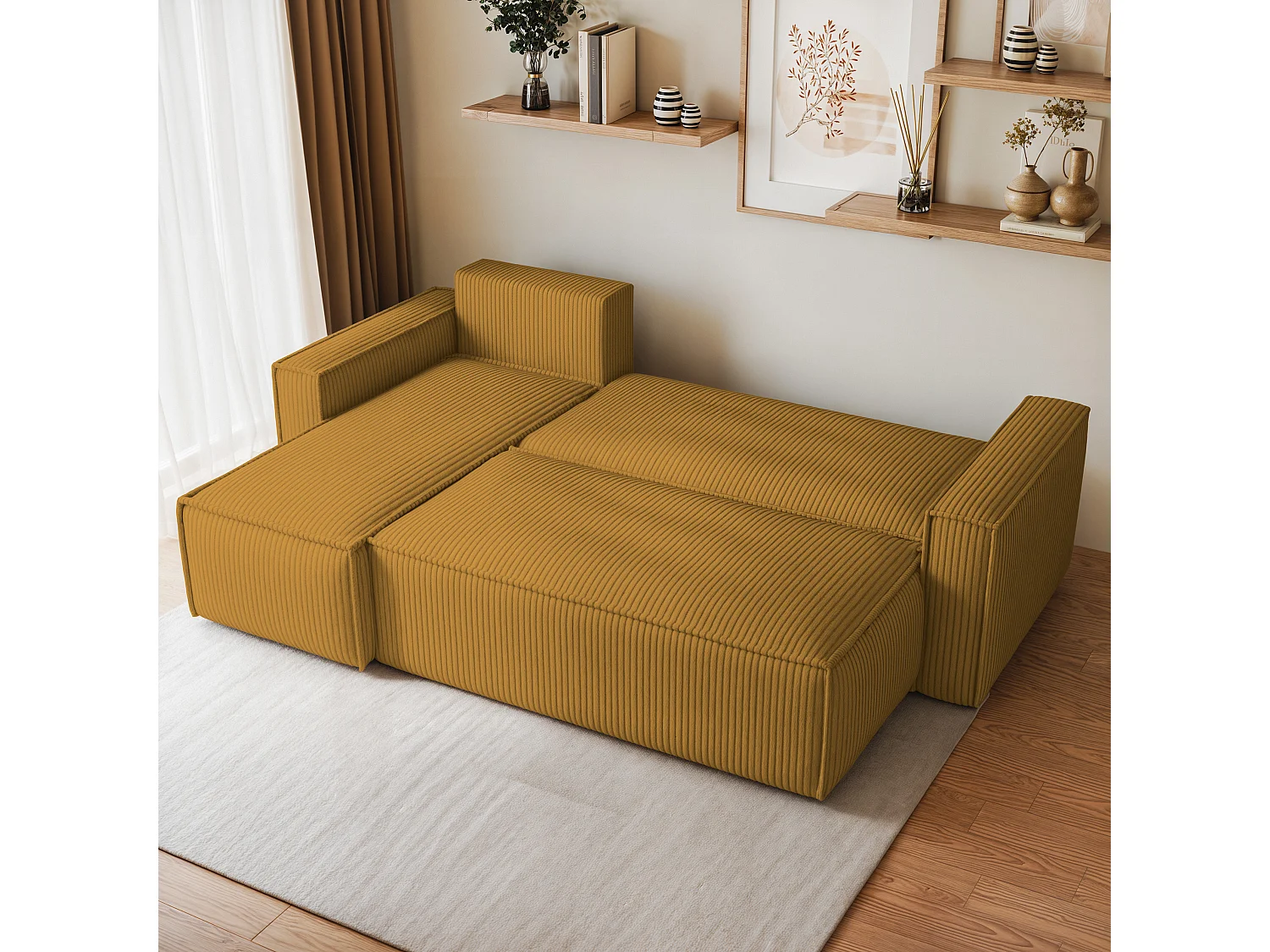 Canapé d'angle RAVELO Jaune en velours côtelé avec fonction de couchage