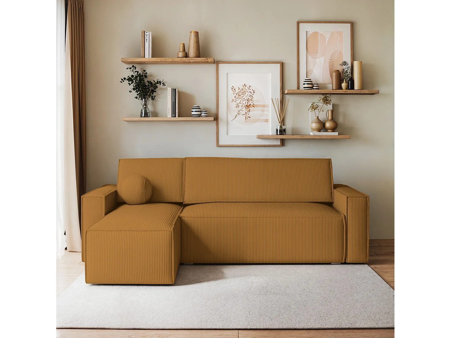 Canapé d'angle RAVELO Jaune en velours côtelé avec fonction de couchage