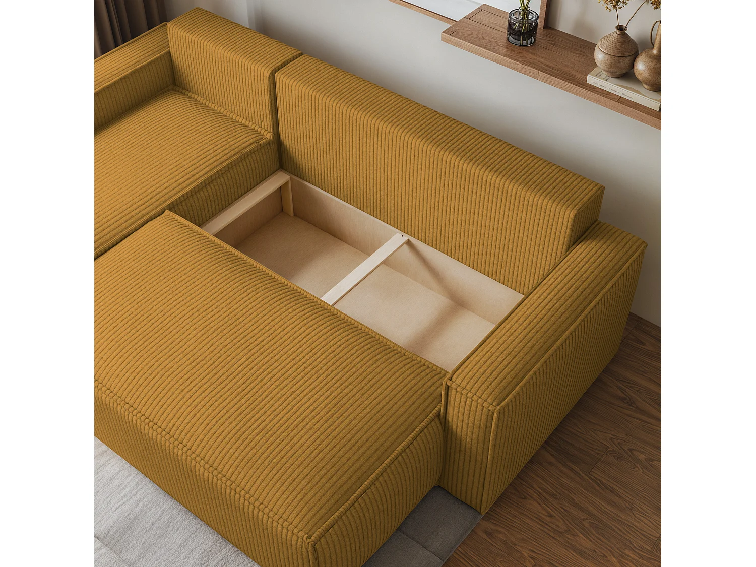 Canapé d'angle RAVELO Jaune en velours côtelé avec fonction de couchage