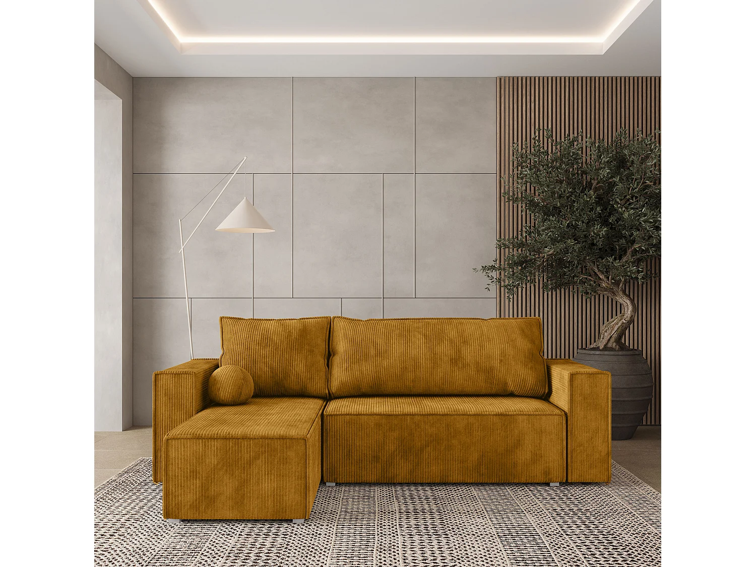 Canapé d'angle RAVELO Jaune en velours côtelé avec fonction de couchage