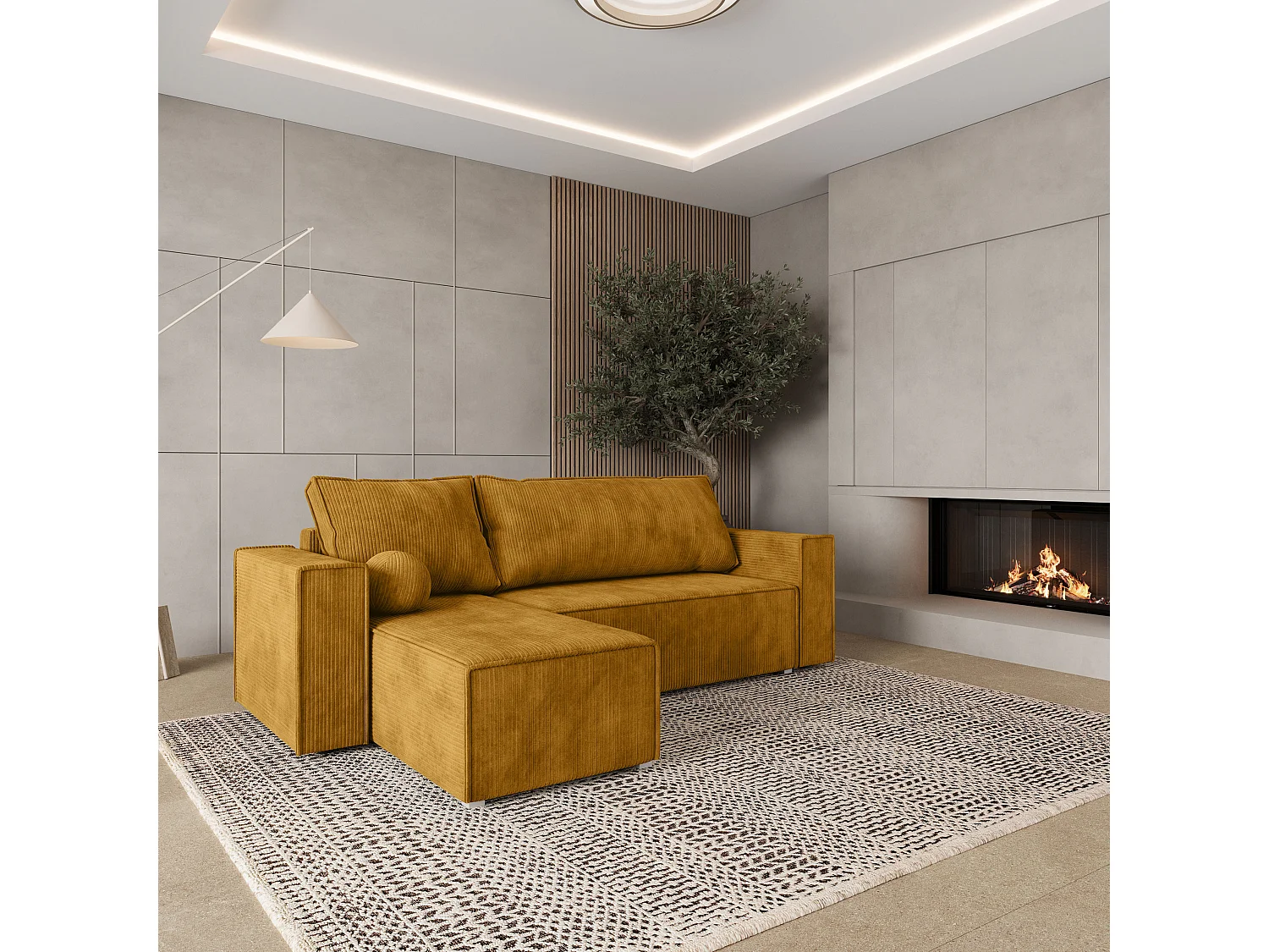 Canapé d'angle RAVELO Jaune en velours côtelé avec fonction de couchage