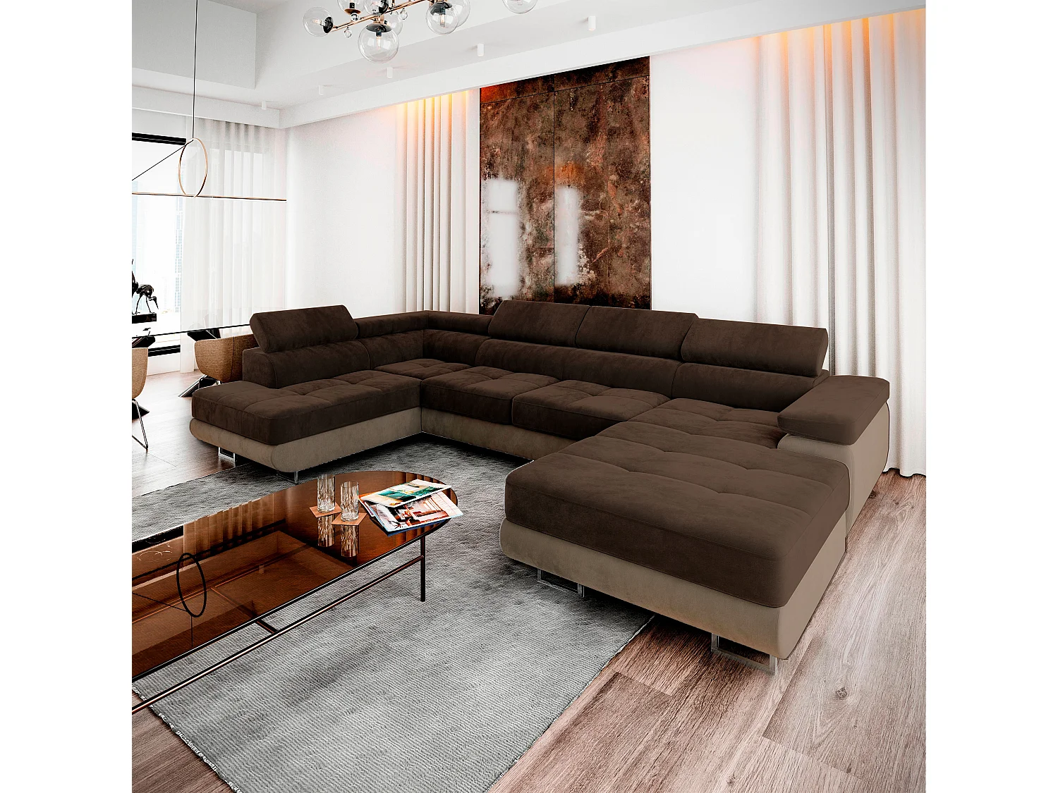 Canapé d'angle CASONE Marron en velours avec fonction de couchage