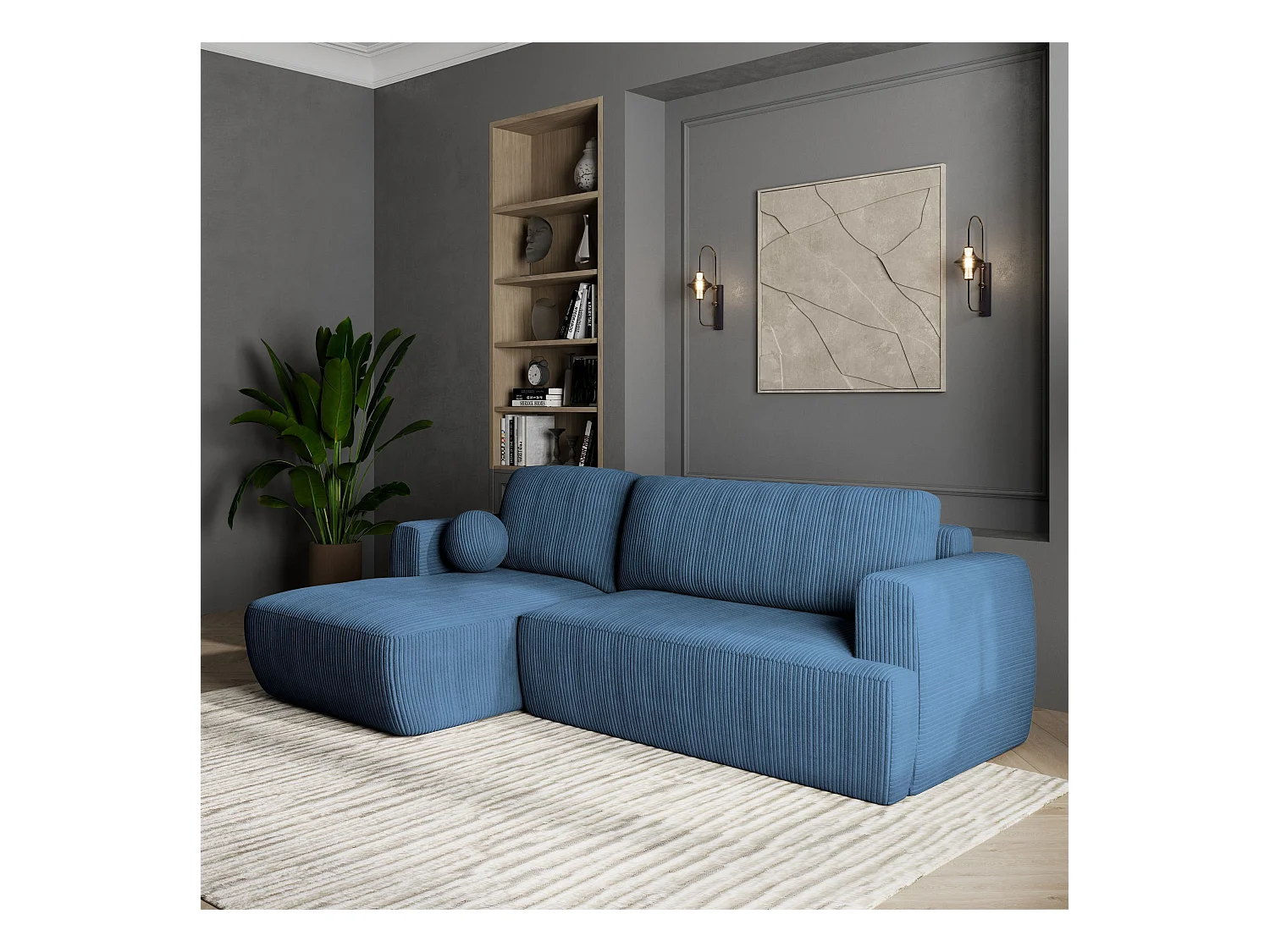 Canapé d'angle SENTI Bleu en velours côtelé avec fonction de couchage