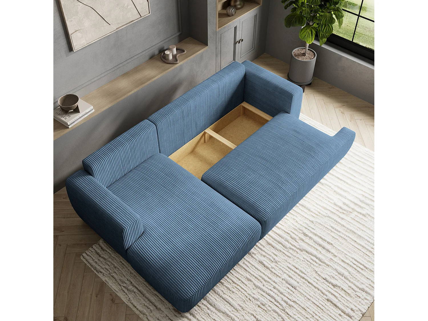 Canapé d'angle SENTI Bleu en velours côtelé avec fonction de couchage