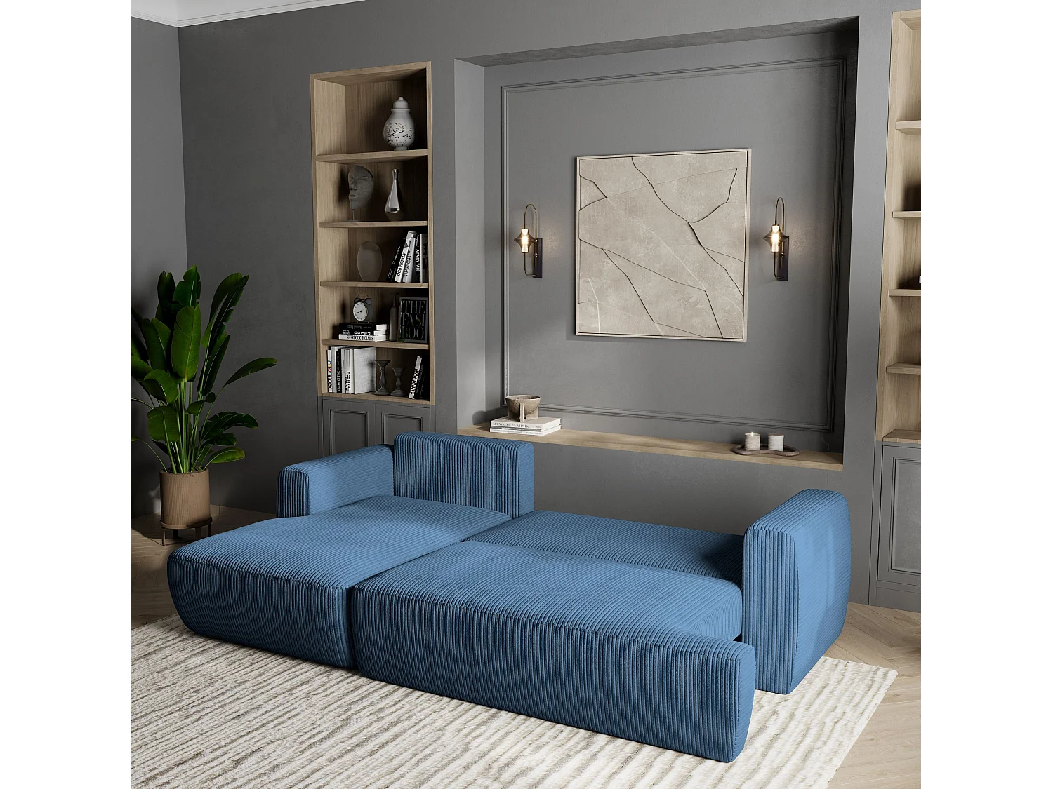 Canapé d'angle SENTI Bleu en velours côtelé avec fonction de couchage