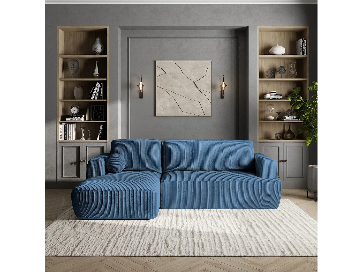 Canapé d'angle SENTI Bleu en velours côtelé avec fonction de couchage