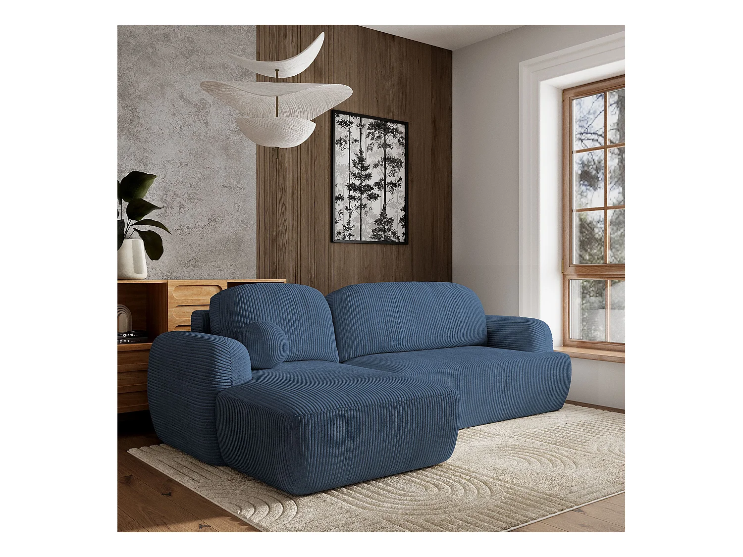 Canapé d'angle MODENZA Bleu en velours côtelé avec fonction de couchage