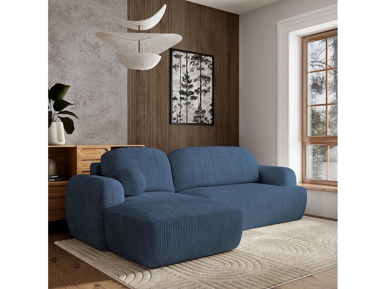 Canapé d'angle MODENZA Bleu en velours côtelé avec fonction de couchage