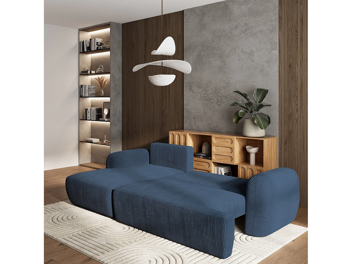 Canapé d'angle MODENZA Bleu en velours côtelé avec fonction de couchage