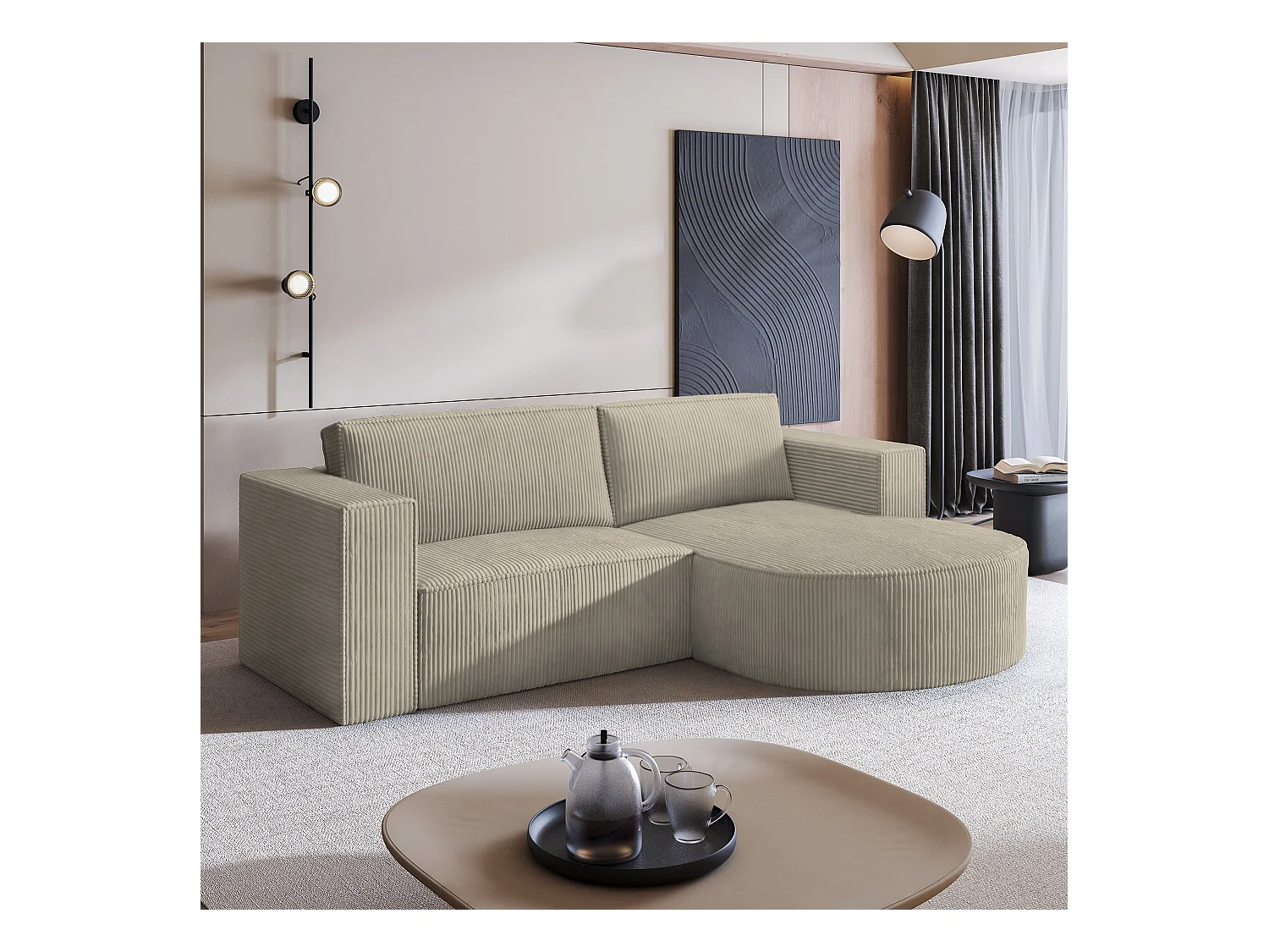 Canapé d'angle SORELA Beige en velours côtelé avec fonction de couchage
