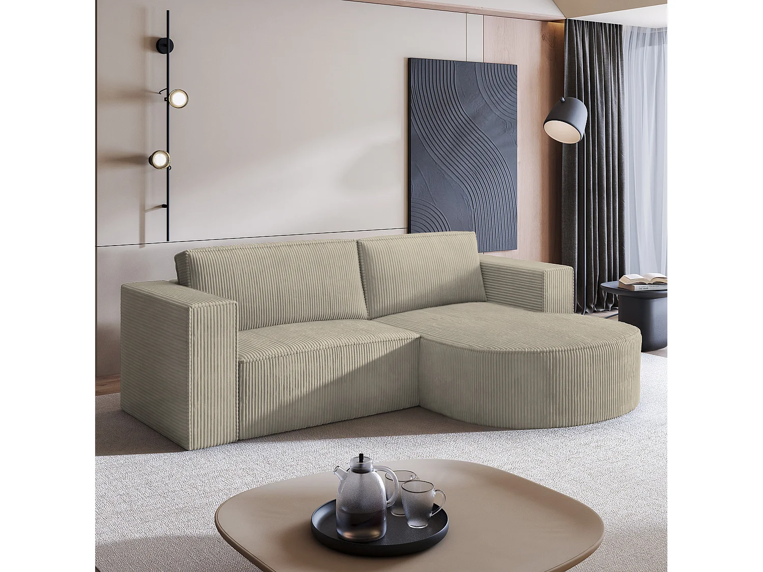 Canapé d'angle SORELA Beige en velours côtelé avec fonction de couchage