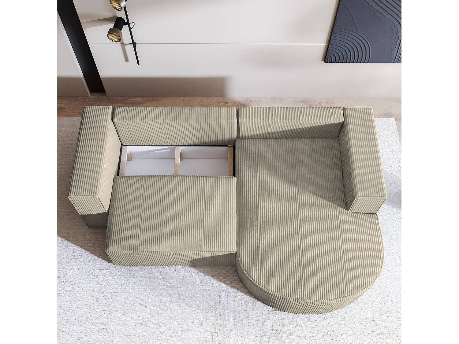 Canapé d'angle SORELA Beige en velours côtelé avec fonction de couchage