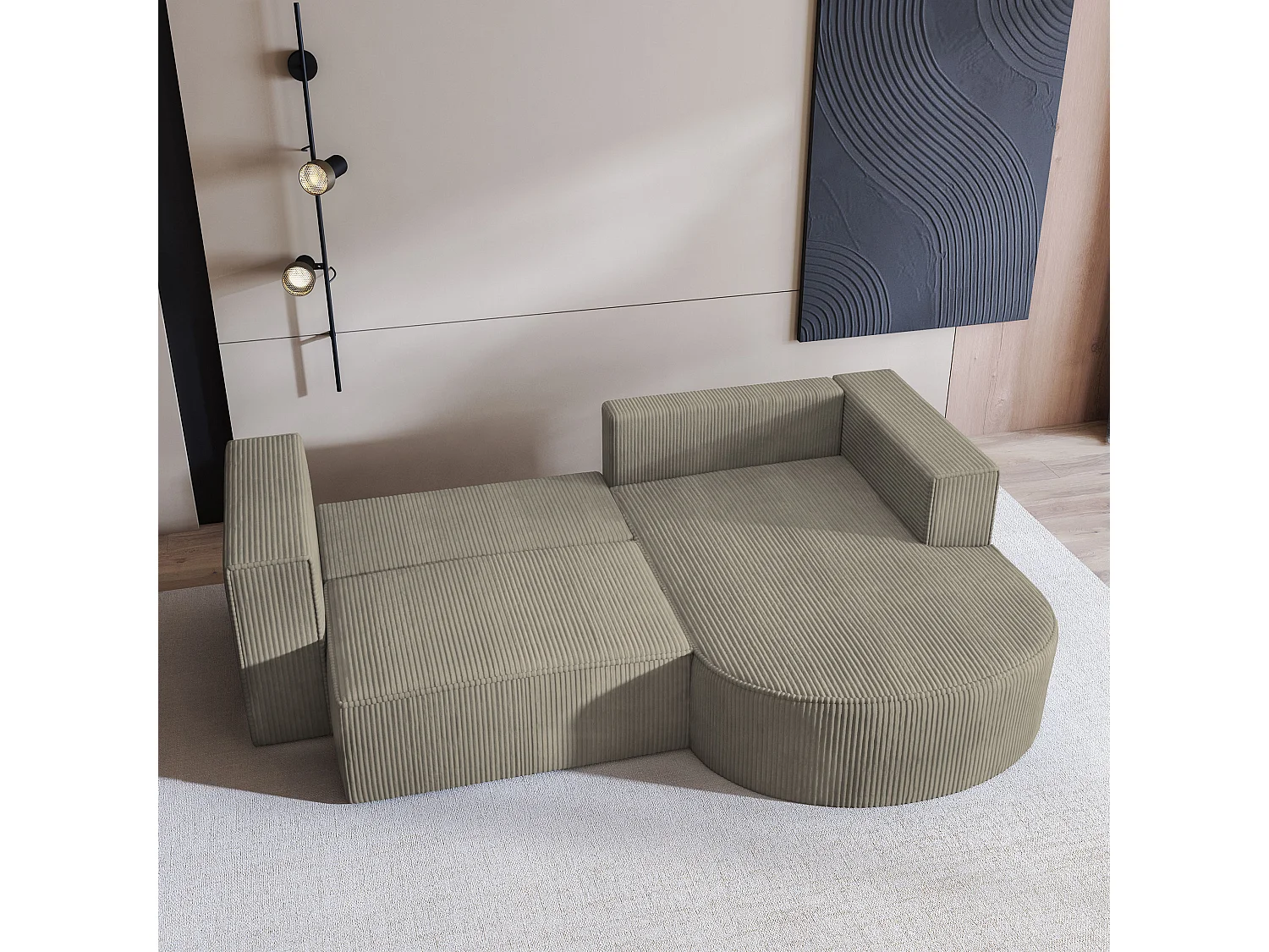 Canapé d'angle SORELA Beige en velours côtelé avec fonction de couchage