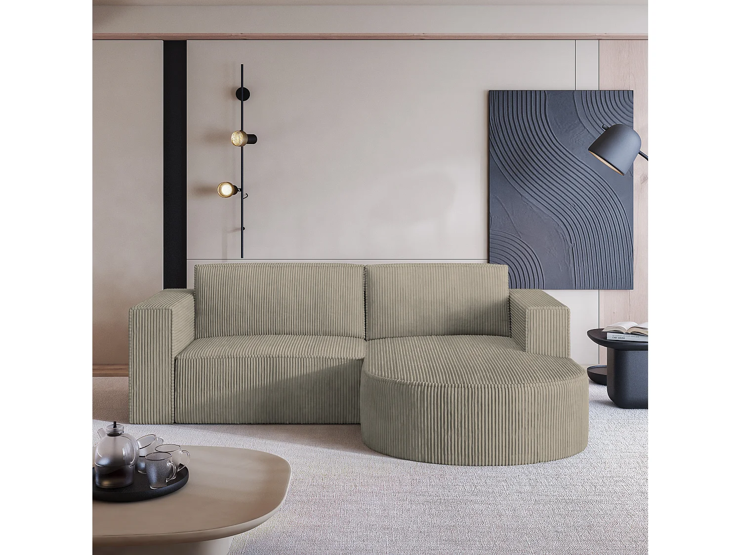 Canapé d'angle SORELA Beige en velours côtelé avec fonction de couchage