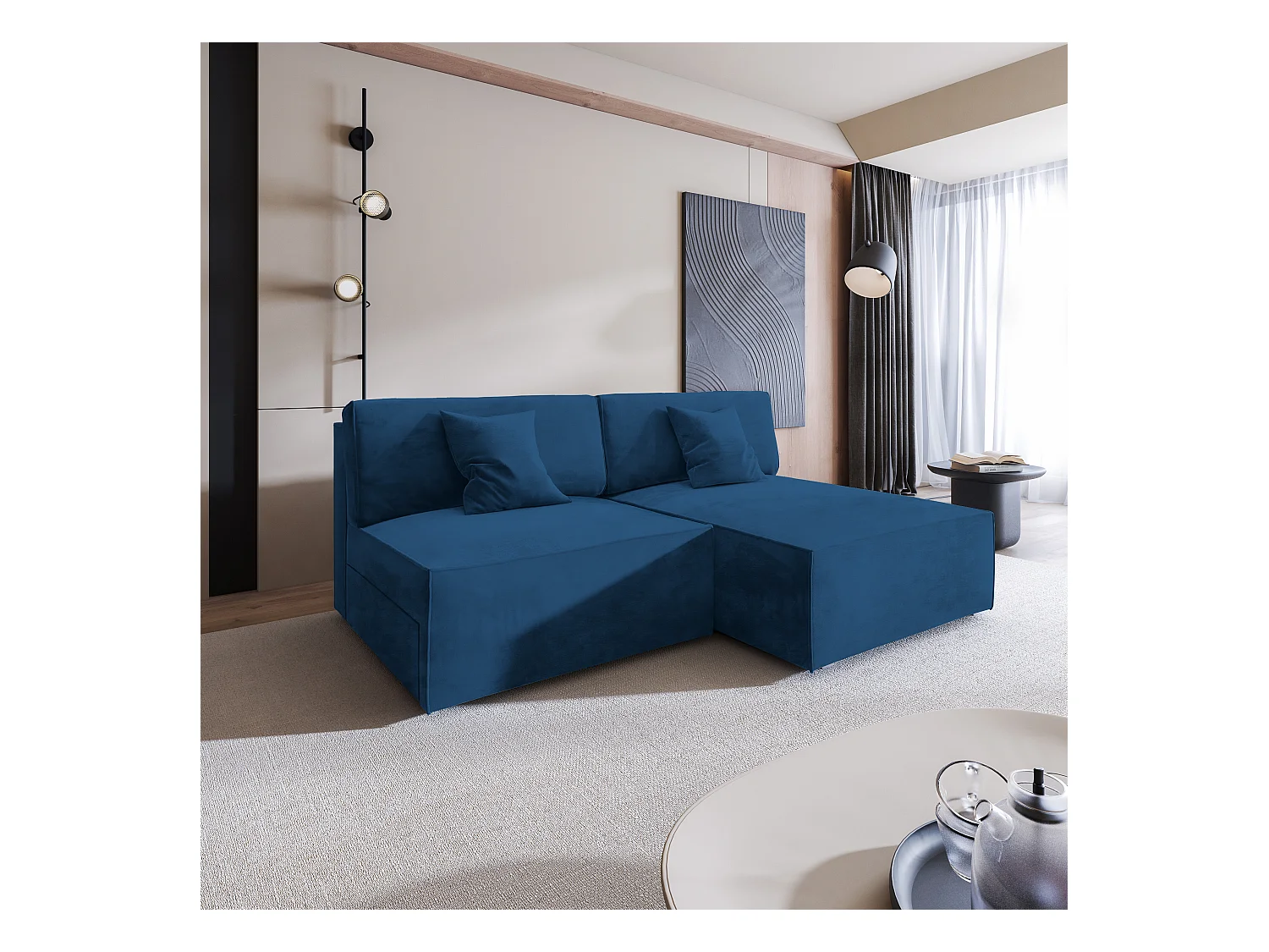 Canapé d'angle FIORO Bleu en velours avec fonction de couchage