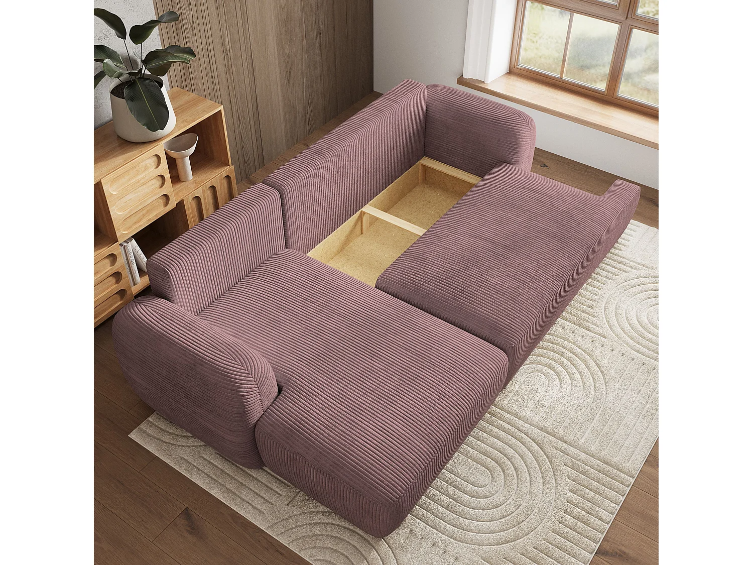 Canapé d'angle MODENZA Parme en velours côtelé avec fonction de couchage