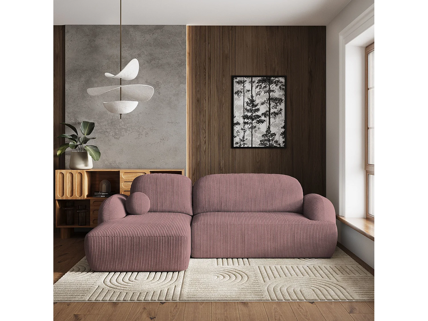 Canapé d'angle MODENZA Parme en velours côtelé avec fonction de couchage