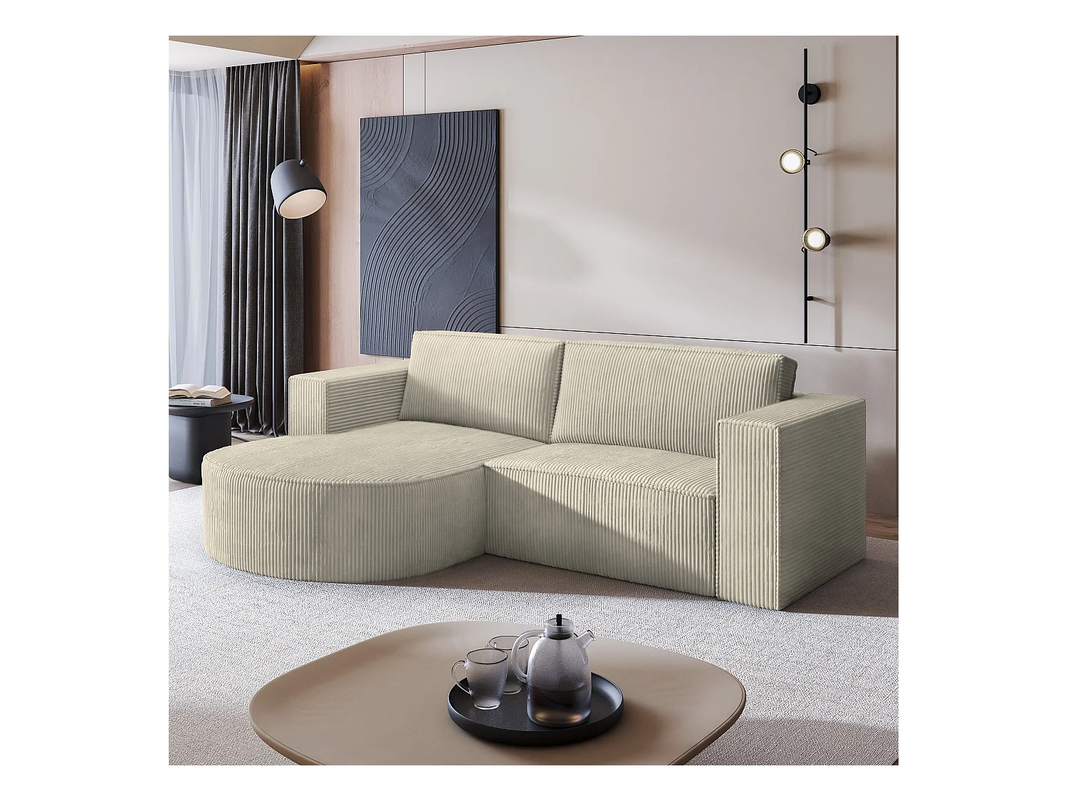 Canapé d'angle SORELA Crème en velours côtelé avec fonction de couchage