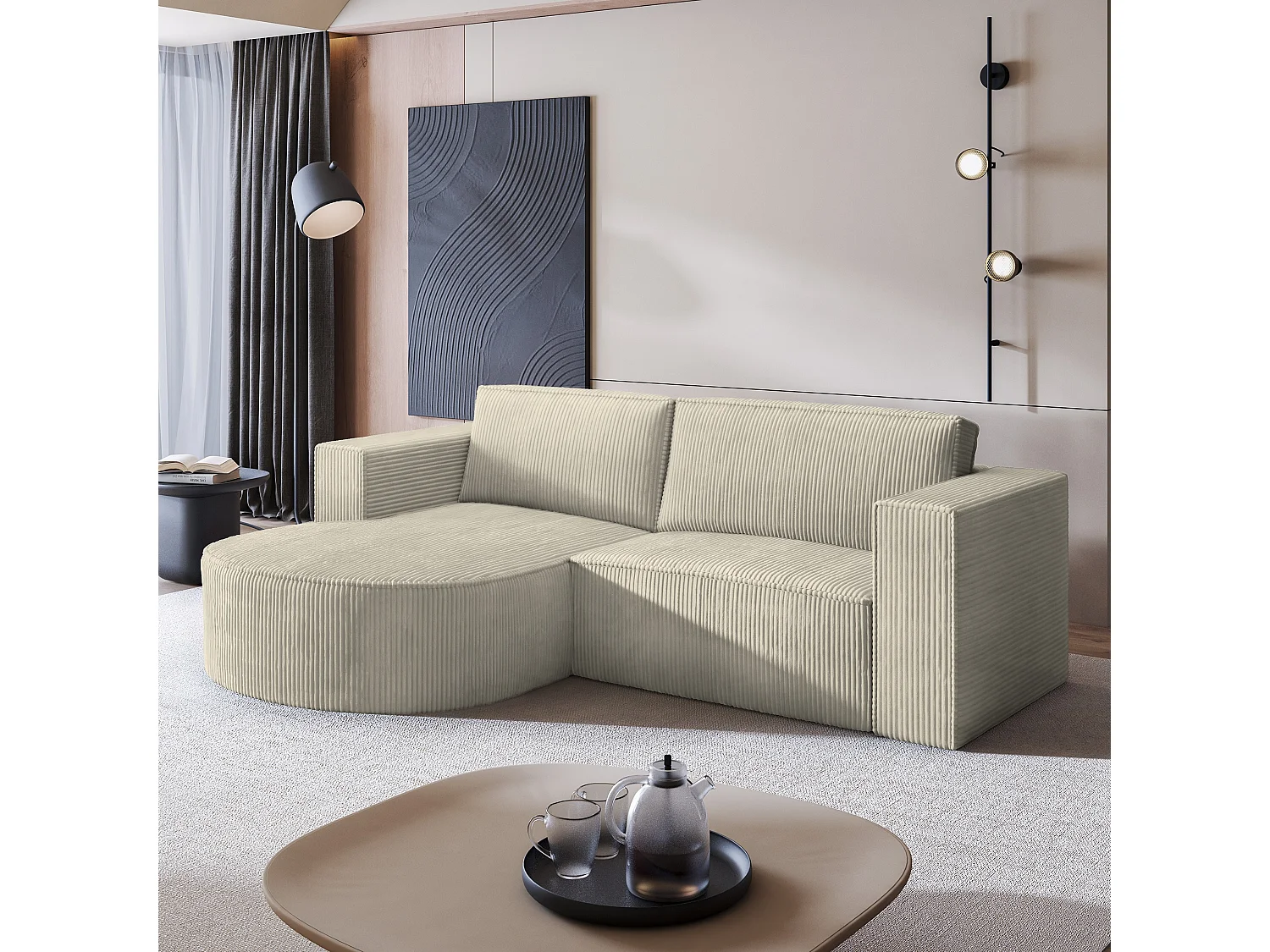 Canapé d'angle SORELA Crème en velours côtelé avec fonction de couchage