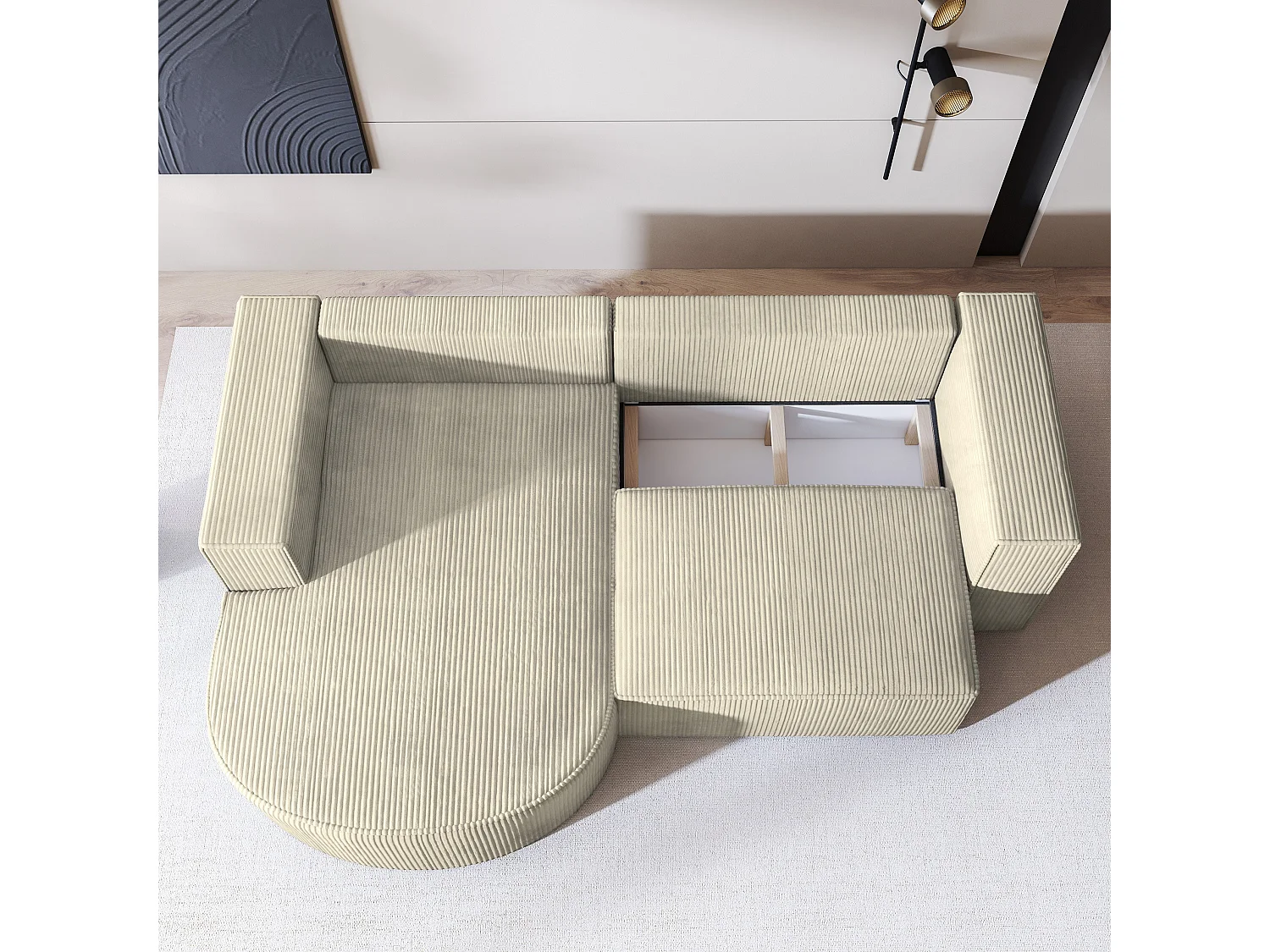 Canapé d'angle SORELA Crème en velours côtelé avec fonction de couchage