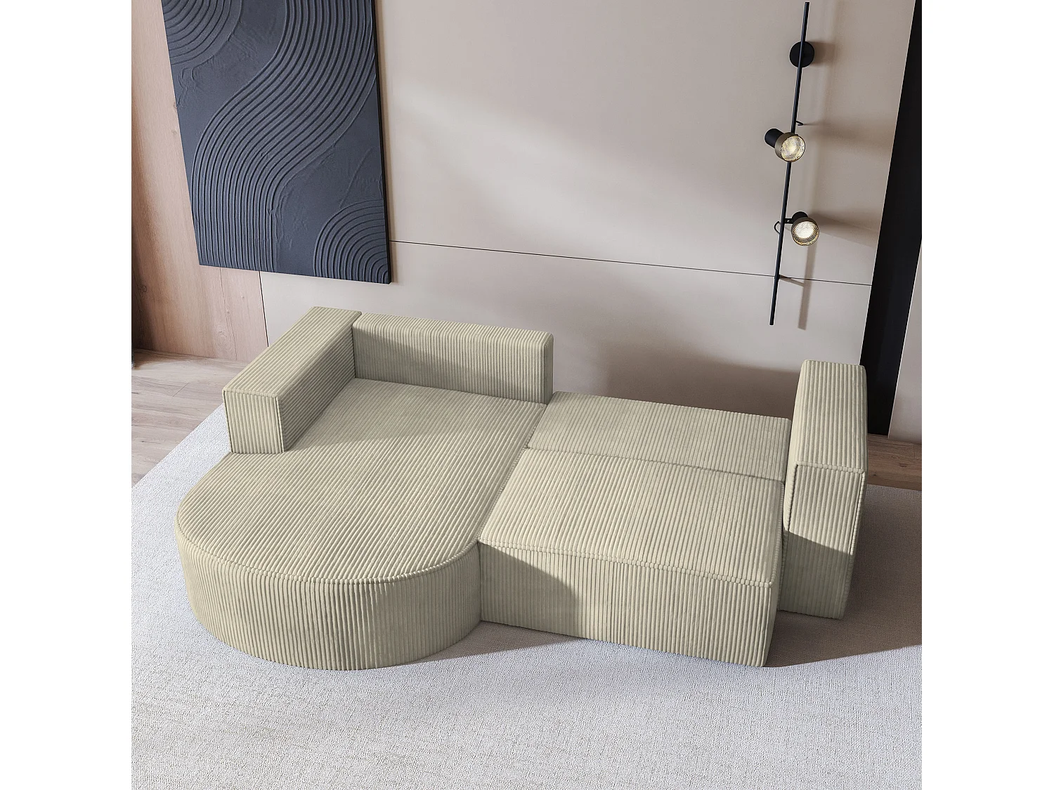 Canapé d'angle SORELA Crème en velours côtelé avec fonction de couchage