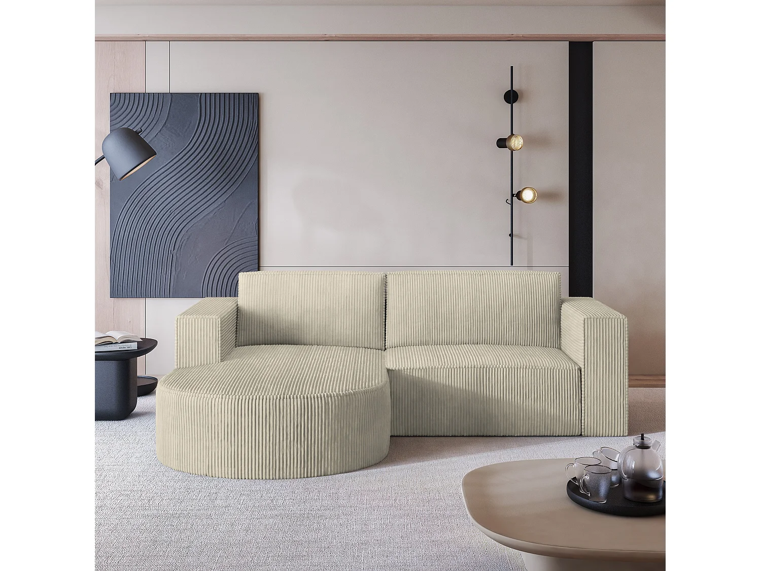 Canapé d'angle SORELA Crème en velours côtelé avec fonction de couchage