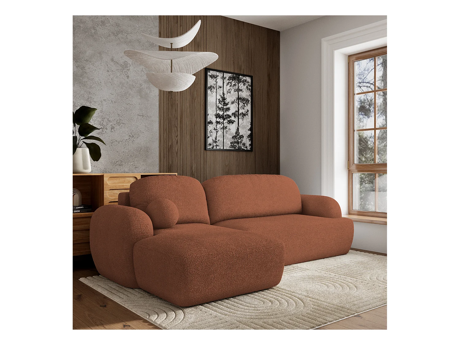 Canapé d'angle MODENZA Terracotta en bouclé avec fonction de couchage