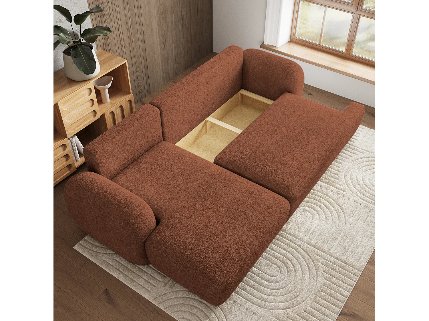 Canapé d'angle MODENZA Terracotta en bouclé avec fonction de couchage