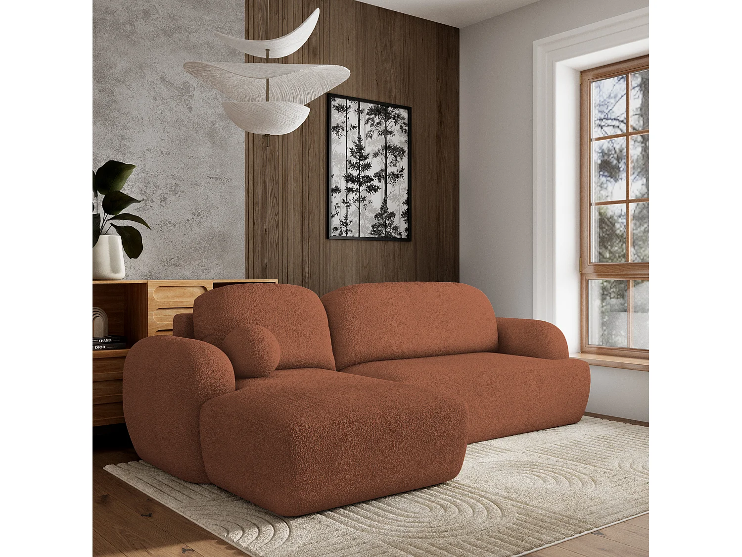 Canapé d'angle MODENZA Terracotta en bouclé avec fonction de couchage