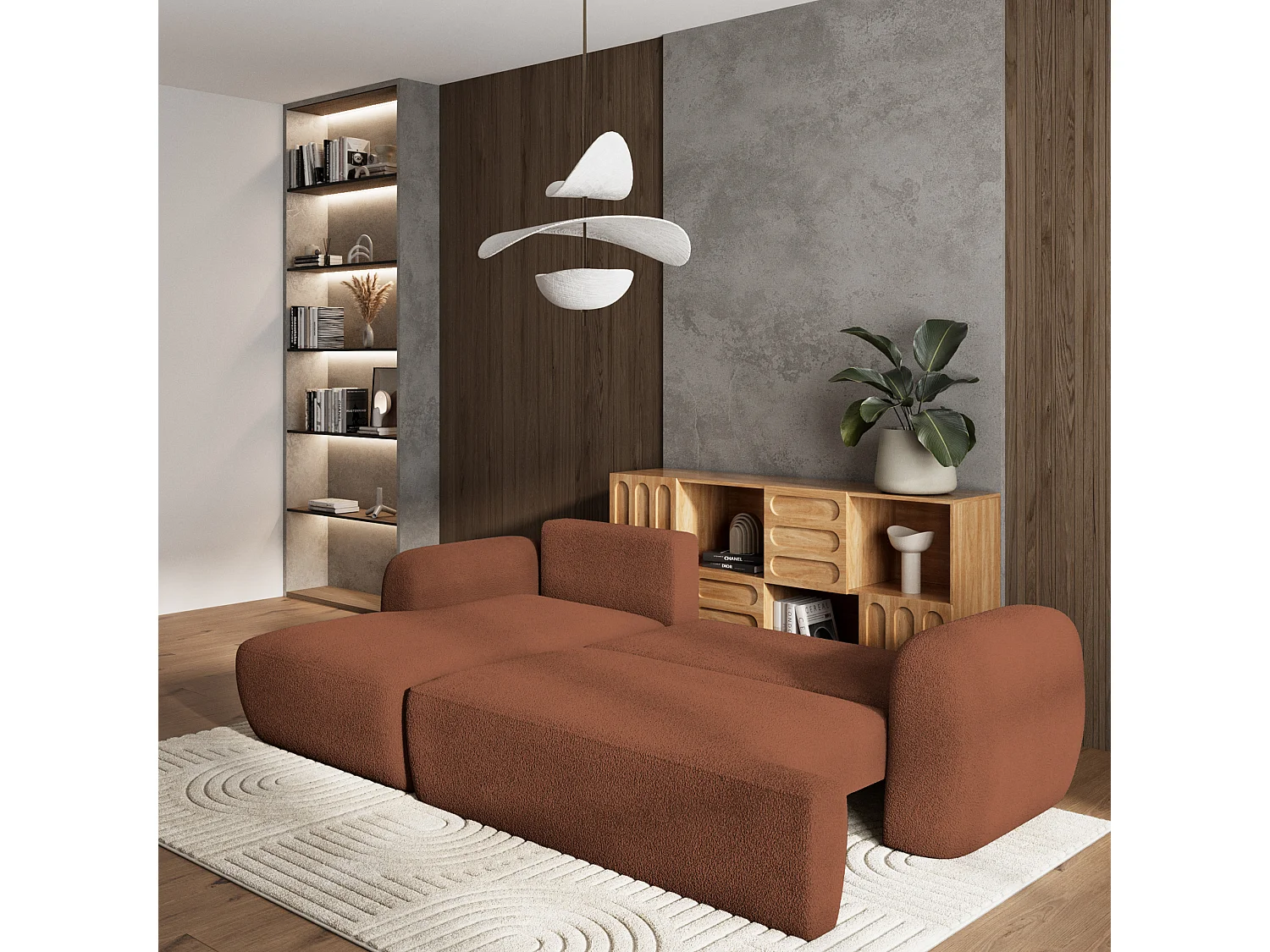 Canapé d'angle MODENZA Terracotta en bouclé avec fonction de couchage